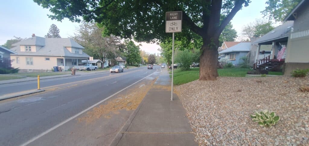 Conventional bike lane along 10th Avenue at Sherman St. Leaves covering bike lane symbol on pavement and bike lane sign overhead.