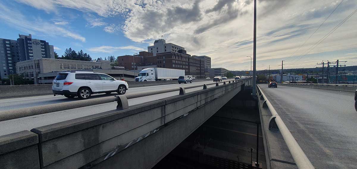 Traffic along I-90 in Spokane.