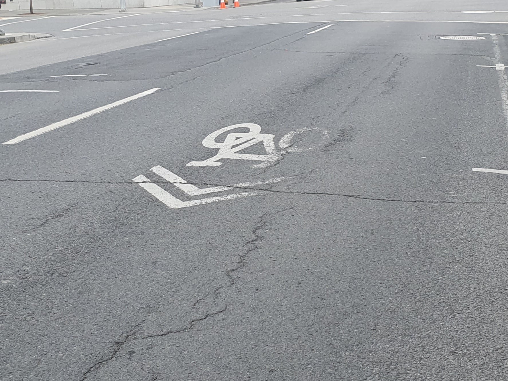 Sharrows symbol on pavement. White lines forming arrows over a bicycle symbol.